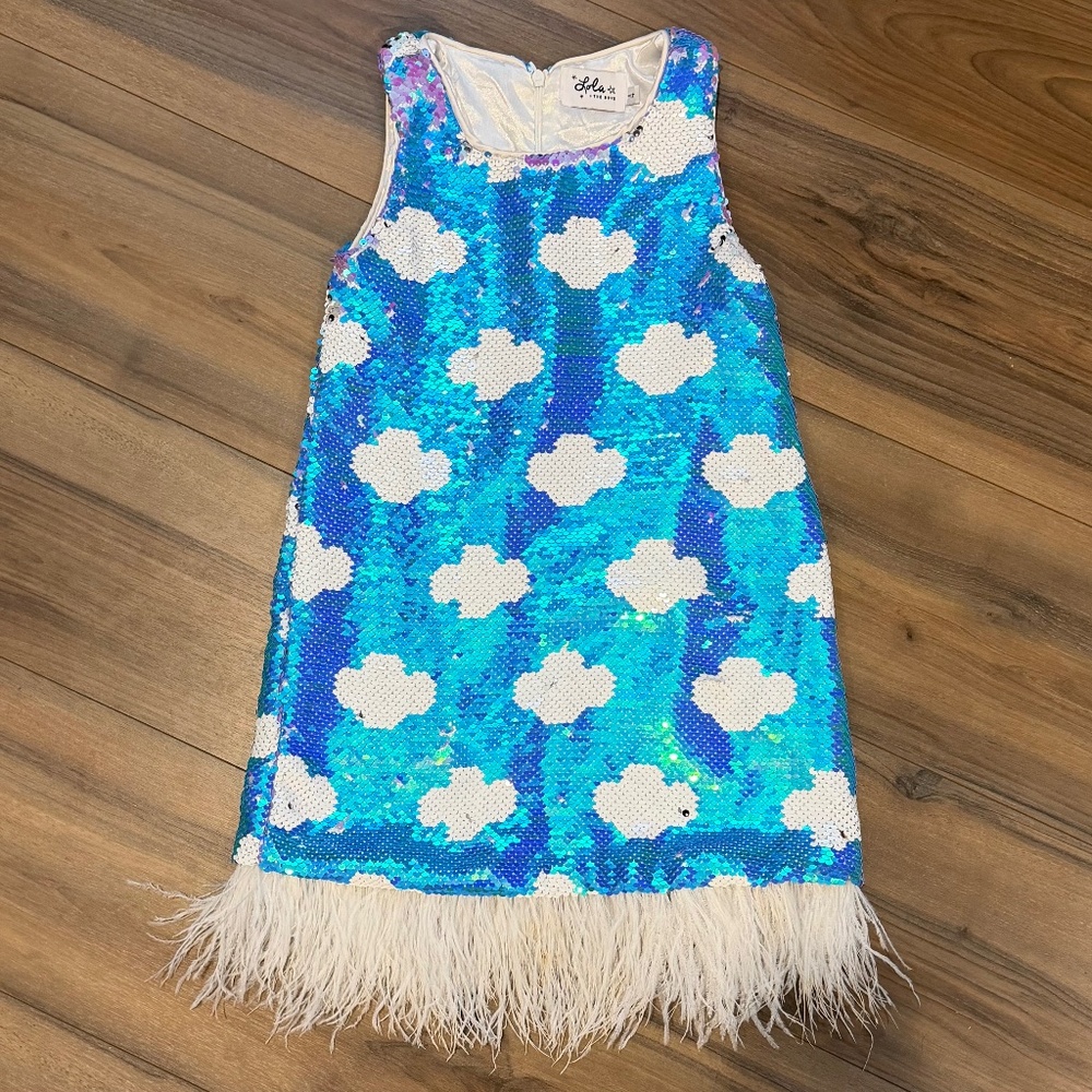 RARE Lola & the Boys size 4 reversible sequin cloud dress with feather trim